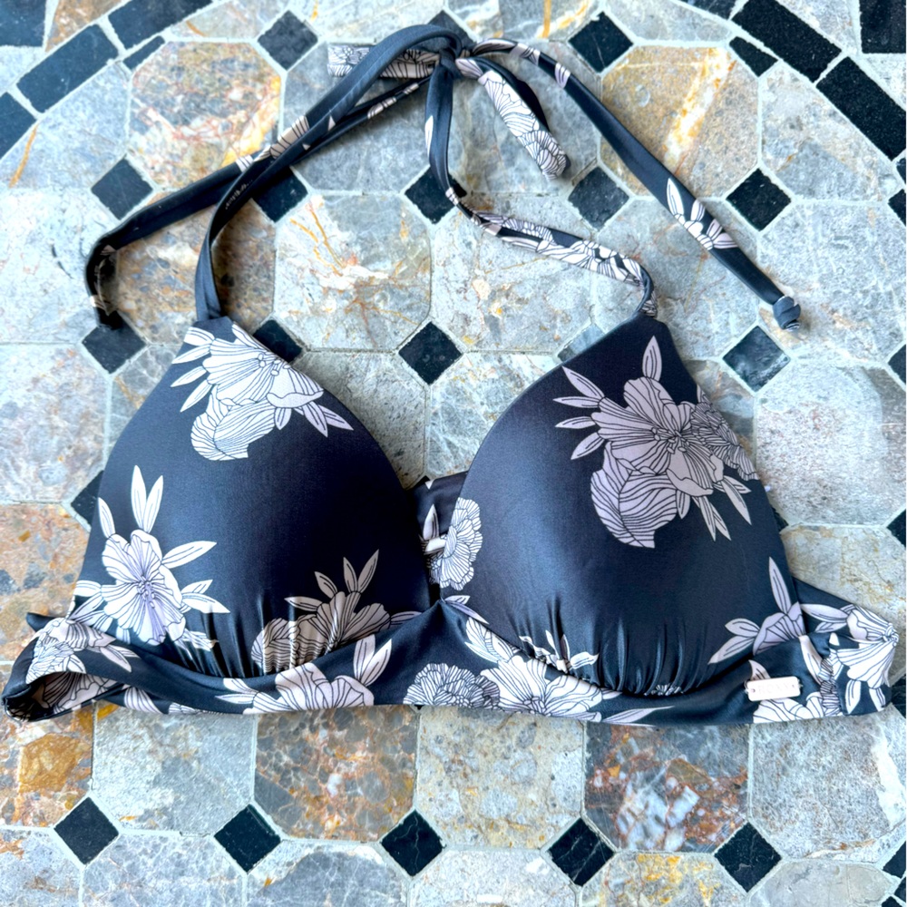 Roxy Grey & Cream Floral Print Bikini Top, Size M